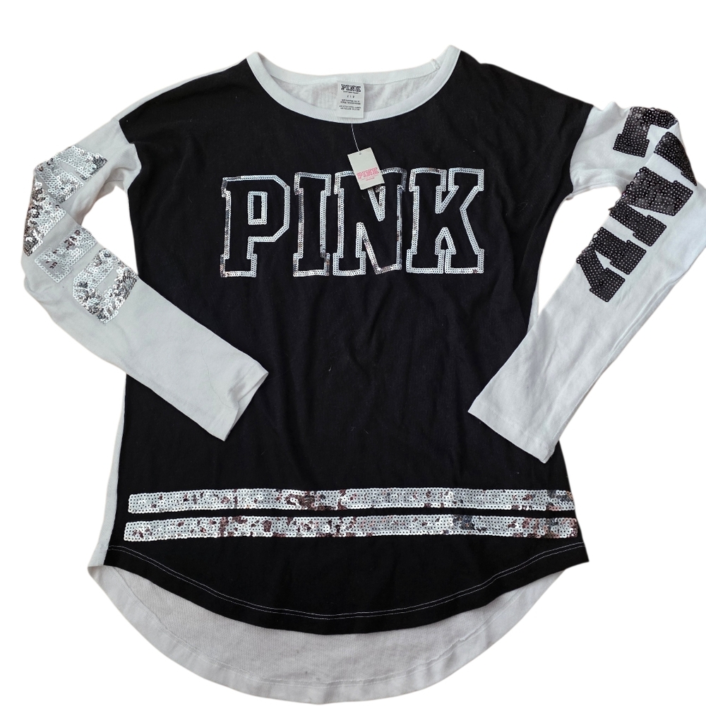 PINK Victoria's Secret small Black and white bling Sequins longsleeve shirt nwt